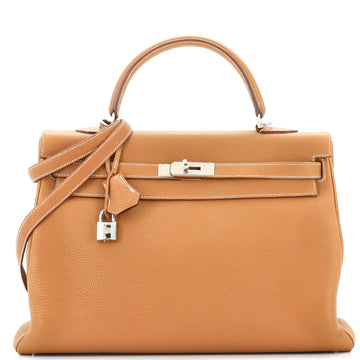 Hermes Kelly Handbag Brown Clemence with Palladium Hardware 35