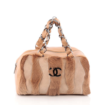 Chanel Zip Around Chain Shoulder Bag Fur and Suede Medium Brown