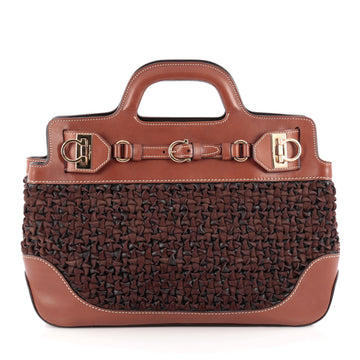 Salvatore Ferragamo Gancio Belt Top Handle Woven Leather Large Brown