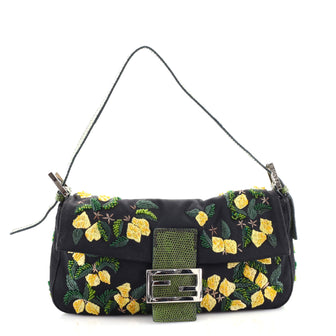 Fendi Baguette Bag Embroidered Canvas with Lizard Medium