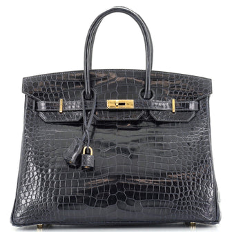 Hermes Birkin Handbag Blue Shiny Porosus Crocodile with Gold Hardware 35