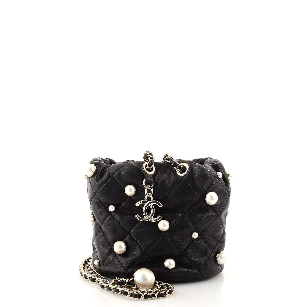 Chanel Drawstring Round Bucket Bag Pearl Embellished Quilted Lambskin Mini  Black 15134819