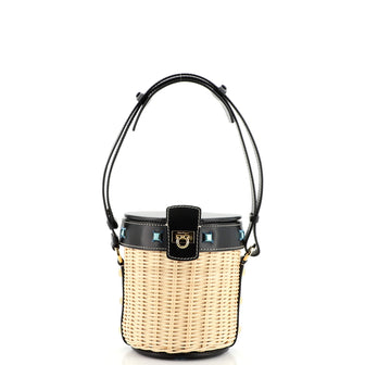 Salvatore Ferragamo Gancini Drawstring Bucket Bag Wicker with Studded Leather Small