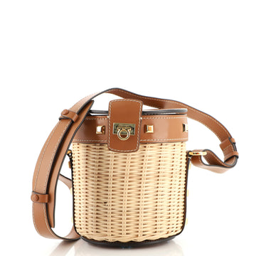 Salvatore Ferragamo Gancini Drawstring Bucket Bag Wicker with Studded Leather Small
