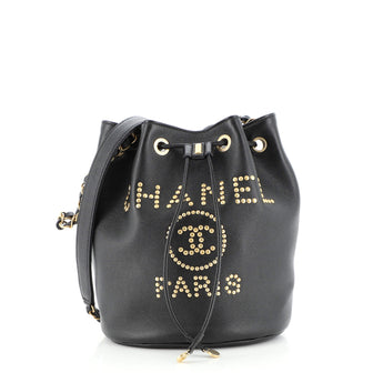 Chanel Deauville Drawstring Bucket Bag Studded Caviar Medium