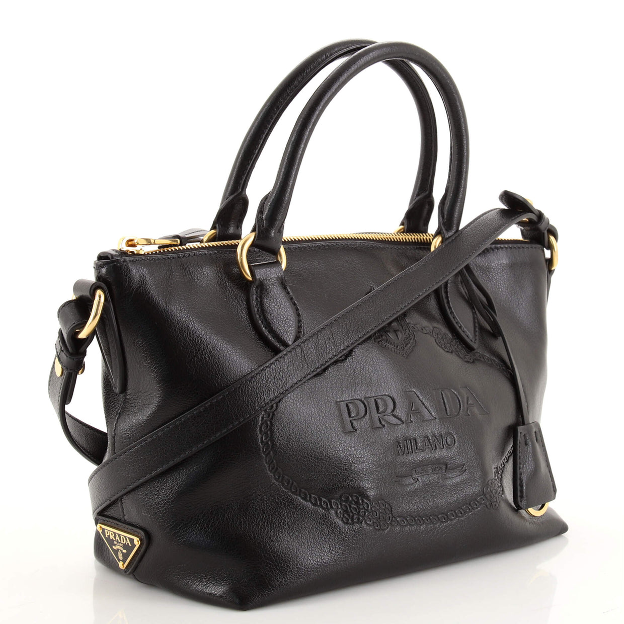 Prada Embossed Logo Convertible Tote Glace Calf Small Black 151627272