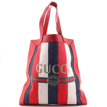 Gucci Logo Tote Striped Canvas and Leather Medium