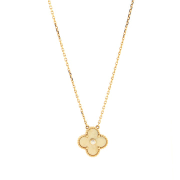 Van Cleef & Arpels Vintage Alhambra Pendant Necklace 18K Yellow Gold and Gold Mother of Pearl with Diamond
