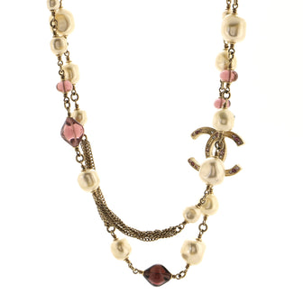 Chanel CC Long Necklace Crystal Embellished Metal and Faux Pearls with Beads