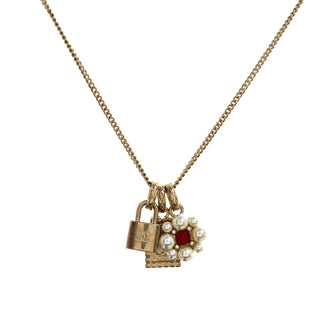 Chanel CC Perfume Bottle Padlock Flower Triple Pendant Necklace Metal with Faux Pearls and Crystals