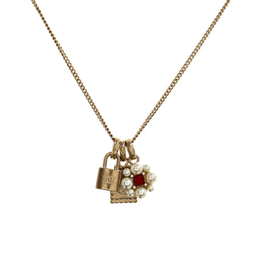 Chanel CC Perfume Bottle Padlock Flower Triple Pendant Necklace Metal with Faux Pearls and Crystals