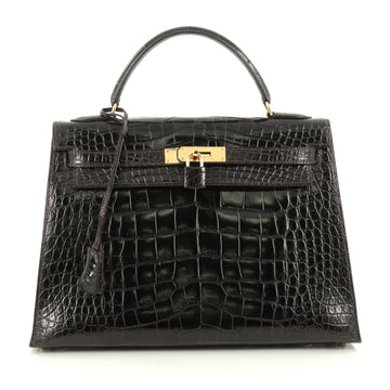 Hermes Kelly Handbag Brown Shiny Alligator with Gold Hardware 32