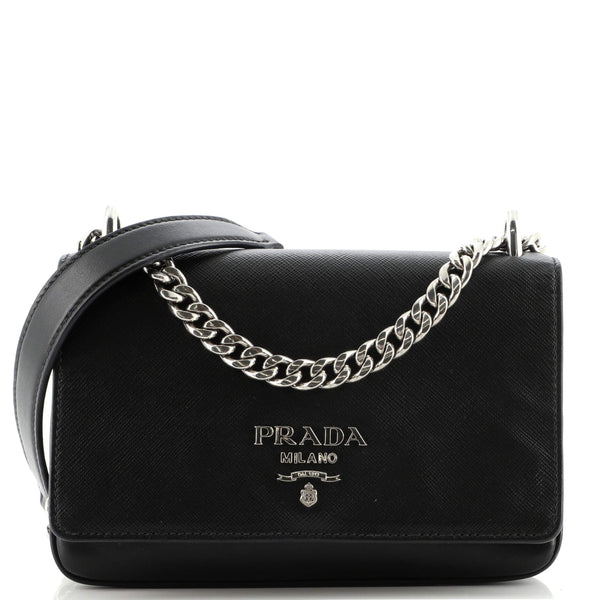 Prada Chain Flap Crossbody Bag Saffiano and Soft Calf Small Black 1584673