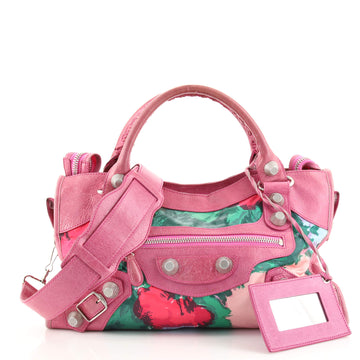 Balenciaga City Giant Studs Bag Leather and Floral Silk Medium