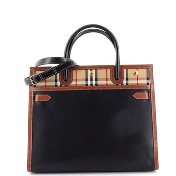 Burberry Title Two Handle Tote Leather with Vintage Check Canvas Medium