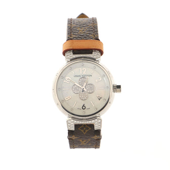 Louis Vuitton Tambour Forever Quartz Watch Stainless Steel and Mongoram Vernis with Diamond Dial, Lugs and Mother of Pearl 28