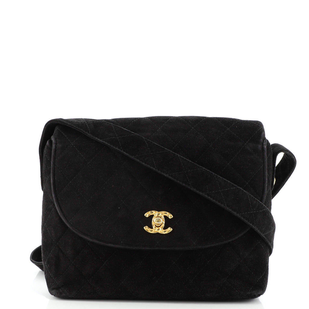 Chanel Vintage Round Flap Shoulder Bag Quilted Suede Small Black 1524221