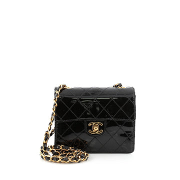 Chanel Vintage Square Classic Single Flap Bag Quilted Patent Mini Black