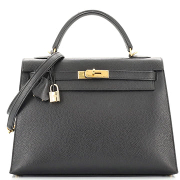 Hermes Kelly Handbag Black Vache Liegee with Gold Hardware 32