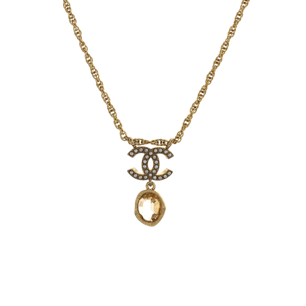CHANEL Crystal Pearl CC Drop Necklace Gold 1279615