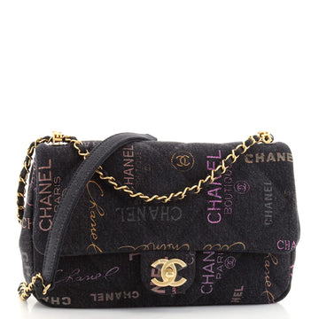 Chanel Denim Mood Flap Bag Logo Printed Quilted Denim Large