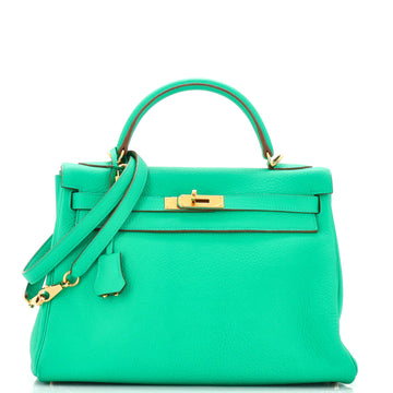 Hermes Kelly Handbag Green Clemence with Gold Hardware 32