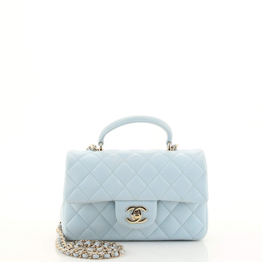 Chanel Classic Single Flap Top Handle Bag Quilted Lambskin Mini Blue 1531051