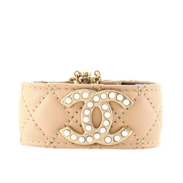 Chanel Giant CC Cuff Bracelet Quilted Leather with Metal and Faux Pearls