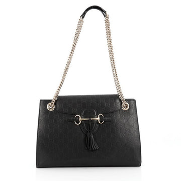 Gucci Emily Chain Flap Shoulder Bag Guccissima Leather Large Black