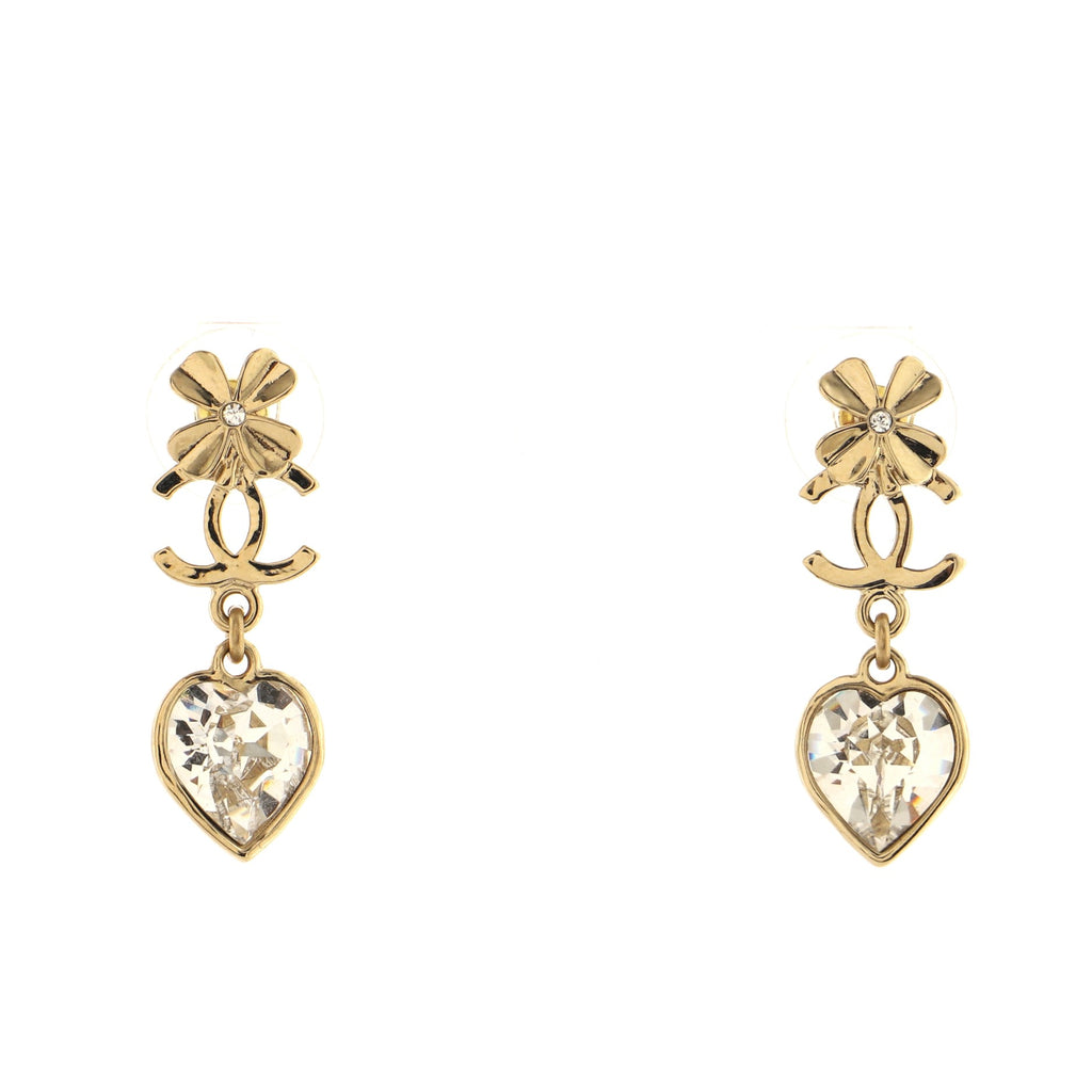 Chanel CC Clover and Heart Drop Earrings Metal with Crystal Gold 153534126