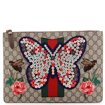 Gucci Butterfly Wristlet Pouch Embellished GG Coated Canvas