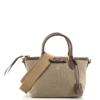 Prada Logo Convertible Zip Tote Canvas with Leather Small