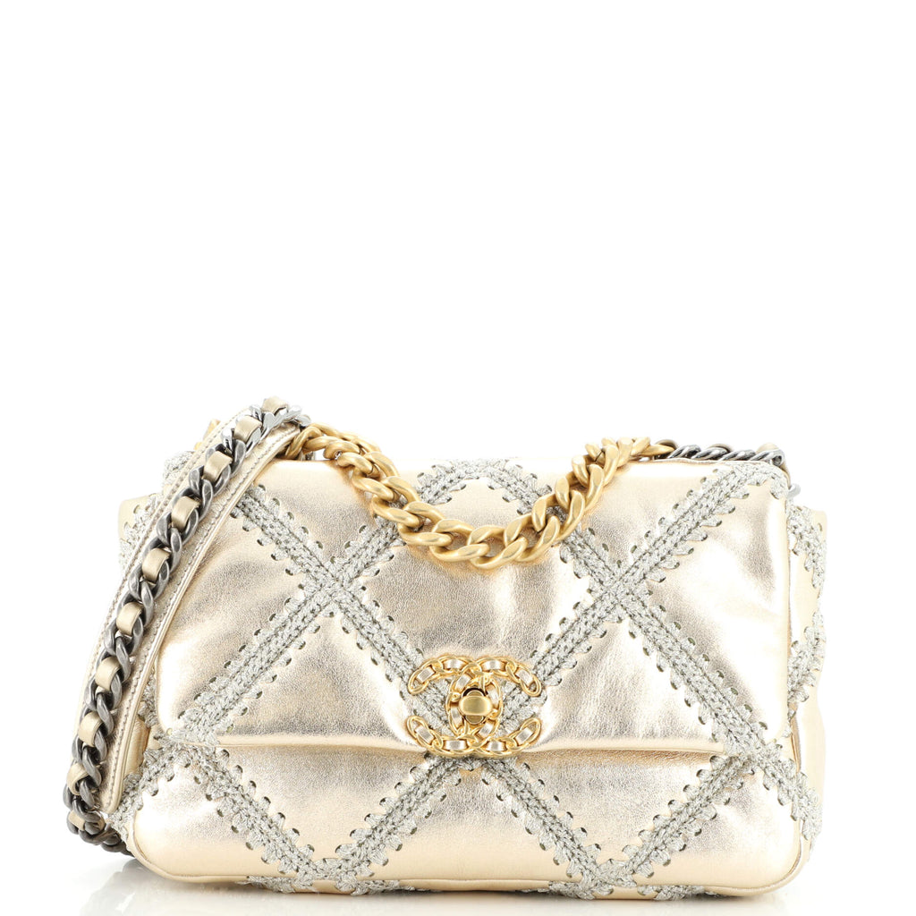 Chanel 19 Flap Bag Crochet Quilted Calfskin Medium Gold 1538841