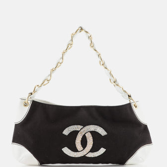Chanel Vintage Olsen CC Chain Shoulder Bag Crystal Embellished Canvas and Leather Large