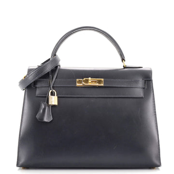 Hermes Kelly Handbag Blue Box Calf with Gold Hardware 32