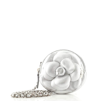 Chanel Camellia Round Clutch with Chain Lambskin Silver 154038170