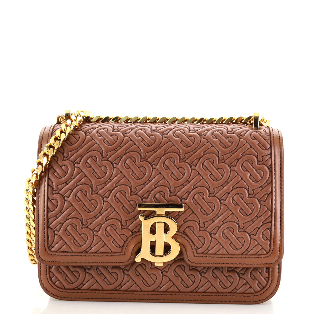 Burberry TB Flap Chain Bag Monogram Quilted Leather Small Brown