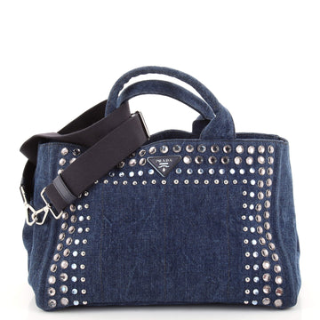Prada Canapa Convertible Tote Rhinestone Embellished Denim Large