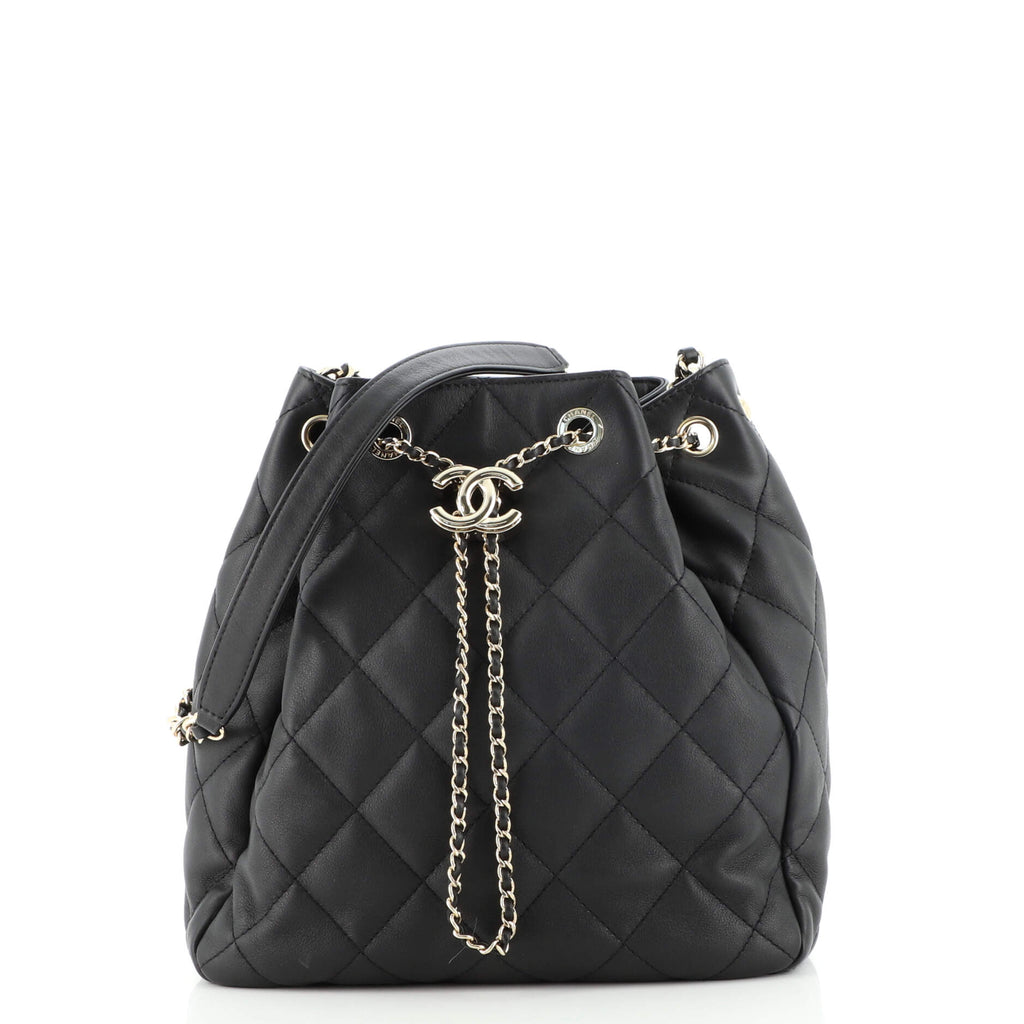 Chanel CC Chain Drawstring Bucket Bag Quilted Lambskin Medium Black  154038330