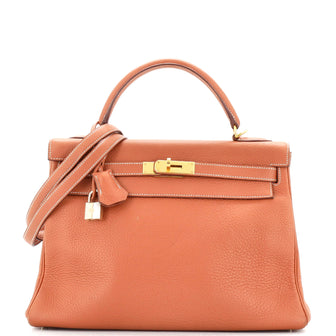 Hermes Kelly Handbag Brown Clemence with Gold Hardware 32