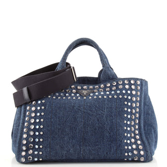 Prada Canapa Convertible Tote Rhinestone Embellished Denim Large