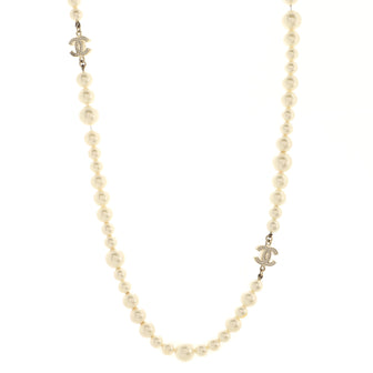 Chanel CC Single Strand Long Necklace Metal with Faux Pearls and Crystals