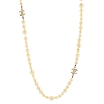 Chanel CC Single Strand Long Necklace Metal with Faux Pearls and Crystals