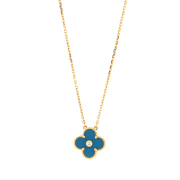 Van Cleef & Arpels Vintage Alhambra Pendant Necklace 18K Yellow Gold and Sevres Porcelain with Diamond