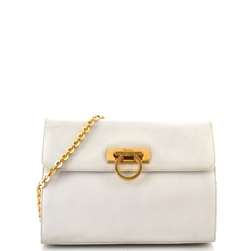 Salvatore Ferragamo Vintage Gancini Lock Chain Flap Bag Leather Medium  White 1542176