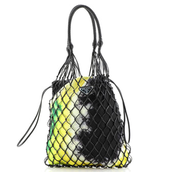 Prada Fishnet Tote Woven Leather and Printed Canvas