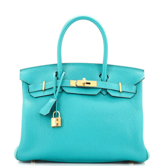 Hermes Birkin Handbag Blue Clemence with Gold Hardware 30