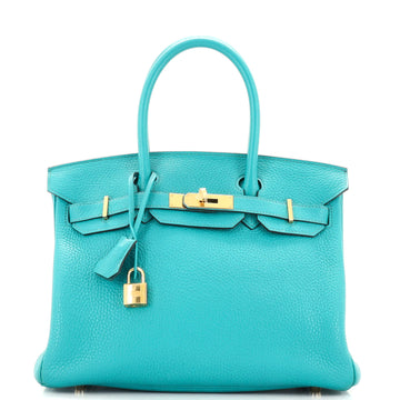 Hermes Birkin Handbag Blue Clemence with Gold Hardware 30