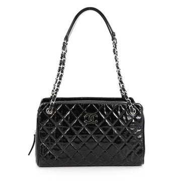 Chanel CC Shopping Tote Quilted Crinkled Patent Medium Black