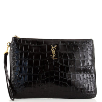 Saint Laurent Classic Monogram Tablet Wristlet Pouch Crocodile Embossed Leather